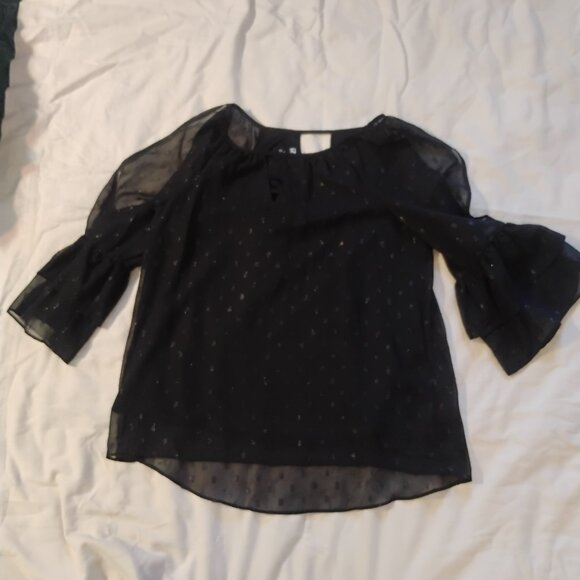 Byer M Black Sheer Chiffon Blouse Metallic Dot Pattern Open Shoulder Tiered Bell - Picture 5 of 10
